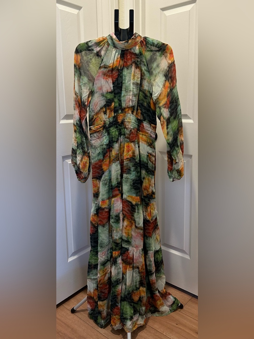 Anthropologie Watercolor Floral Maxi Dress in Green, Orange, Cream